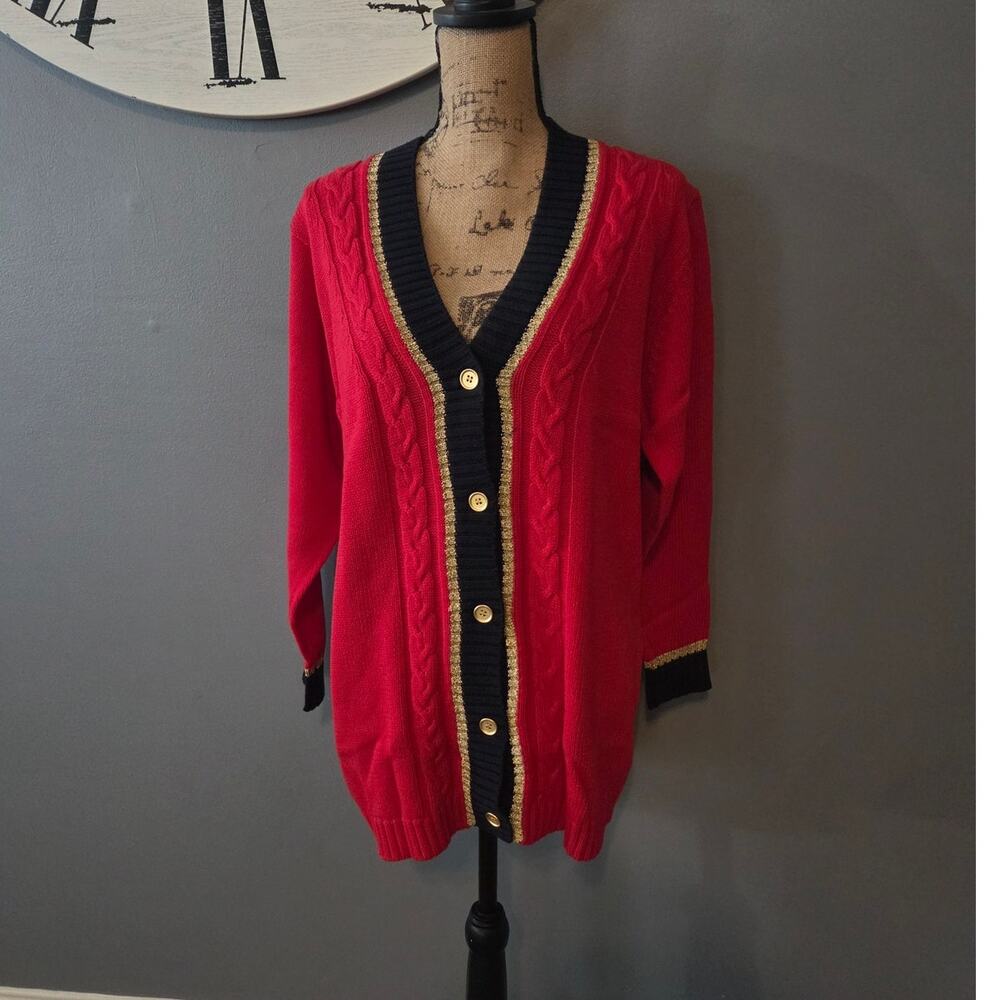 Linea Louis Dell'olio vtg red blue cable knit cotton button up cardigan M